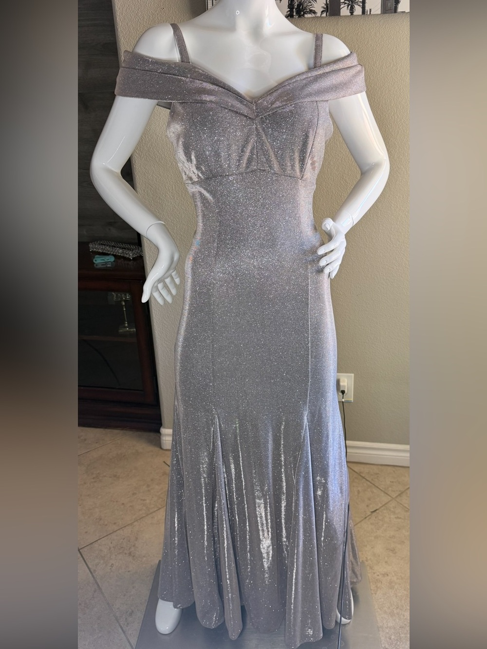 Old Hollywood Silver Shimmer Off Shoulder Gown 8